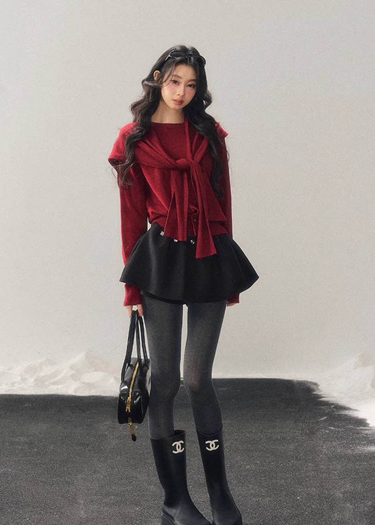 women knit sweater set, shawl collar sweater women, korean minimal knit, collegiate style sweater, winter knit top women, layered knit set, short sweater women, refined casual knit, elegant daily wear women, premium knitwear women, soft feminine sweater, two piece knit outfit, modern women sweater, aomalm knit style, minimal winter top