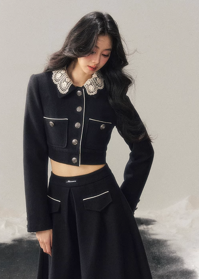 lace knit set women, french lace two piece set, winter skirt set women, korean minimal style set, elegant women outfit, refined knitwear women, lace trim top skirt, feminine winter set, premium women knit set, modern elegant outfit women, aomalm style set, classic black skirt set, understated luxury women clothing, winter two piece outfit, minimal chic women set