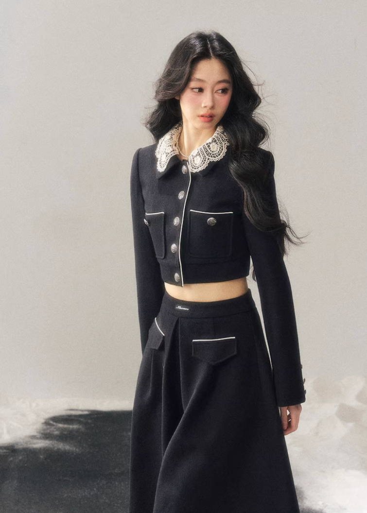 lace knit set women, french lace two piece set, winter skirt set women, korean minimal style set, elegant women outfit, refined knitwear women, lace trim top skirt, feminine winter set, premium women knit set, modern elegant outfit women, aomalm style set, classic black skirt set, understated luxury women clothing, winter two piece outfit, minimal chic women set