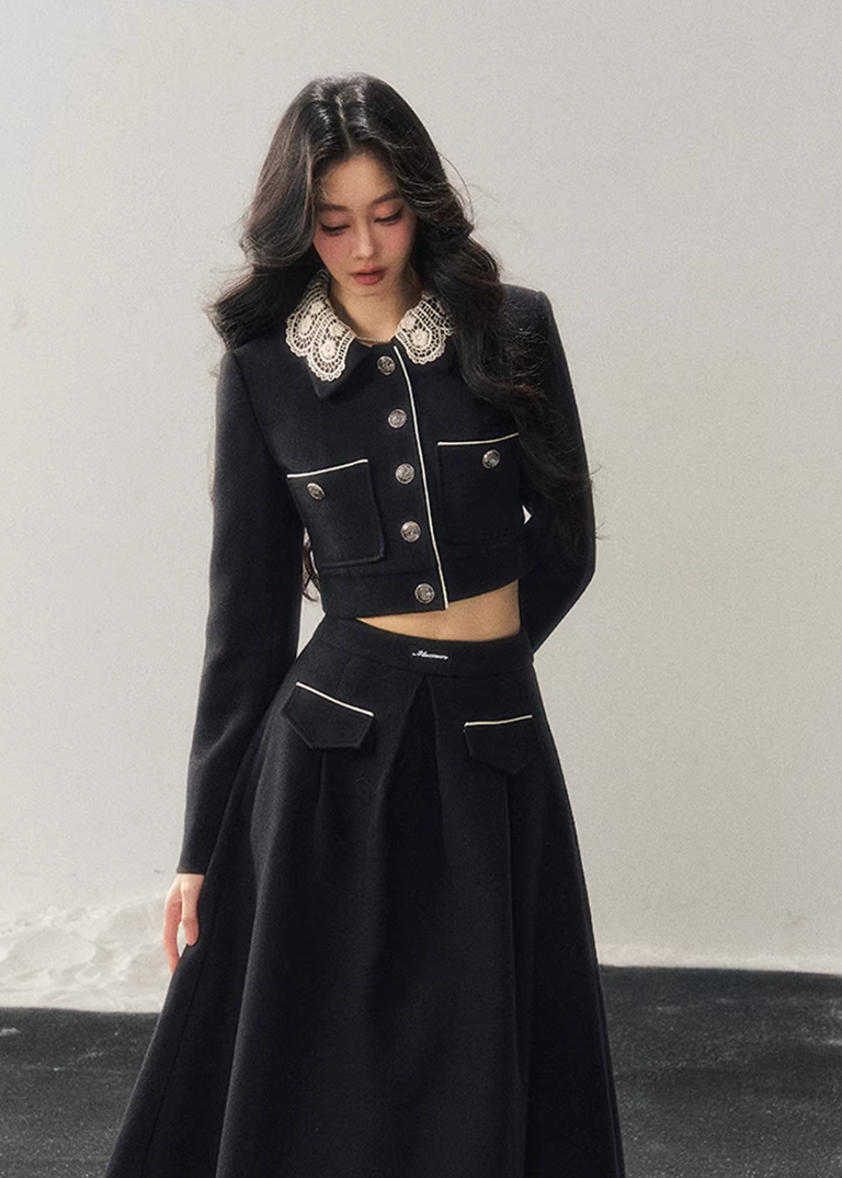 lace knit set women, french lace two piece set, winter skirt set women, korean minimal style set, elegant women outfit, refined knitwear women, lace trim top skirt, feminine winter set, premium women knit set, modern elegant outfit women, aomalm style set, classic black skirt set, understated luxury women clothing, winter two piece outfit, minimal chic women set