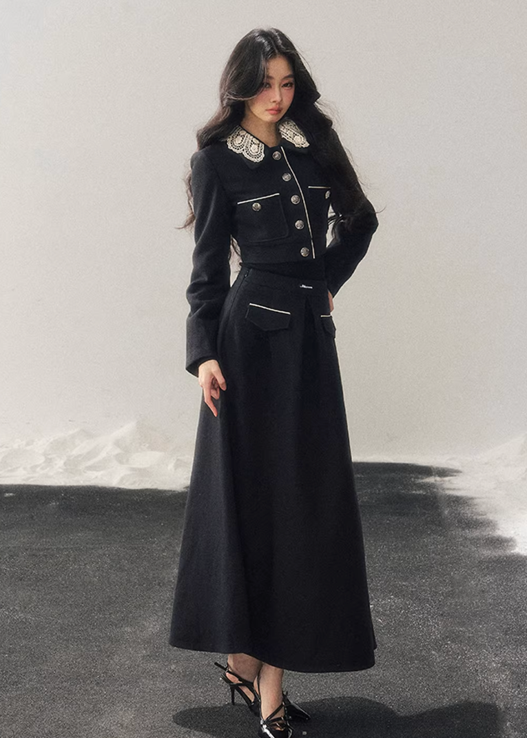 lace knit set women, french lace two piece set, winter skirt set women, korean minimal style set, elegant women outfit, refined knitwear women, lace trim top skirt, feminine winter set, premium women knit set, modern elegant outfit women, aomalm style set, classic black skirt set, understated luxury women clothing, winter two piece outfit, minimal chic women set