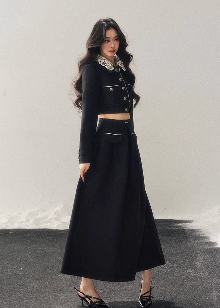 lace knit set women, french lace two piece set, winter skirt set women, korean minimal style set, elegant women outfit, refined knitwear women, lace trim top skirt, feminine winter set, premium women knit set, modern elegant outfit women, aomalm style set, classic black skirt set, understated luxury women clothing, winter two piece outfit, minimal chic women set