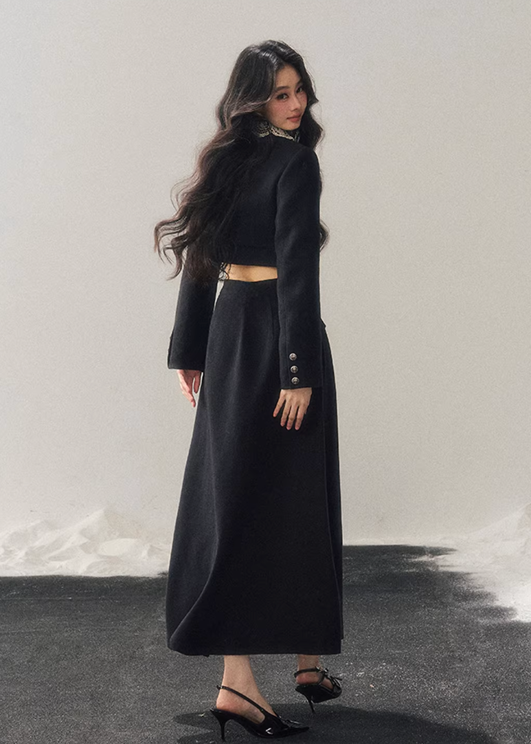 lace knit set women, french lace two piece set, winter skirt set women, korean minimal style set, elegant women outfit, refined knitwear women, lace trim top skirt, feminine winter set, premium women knit set, modern elegant outfit women, aomalm style set, classic black skirt set, understated luxury women clothing, winter two piece outfit, minimal chic women set