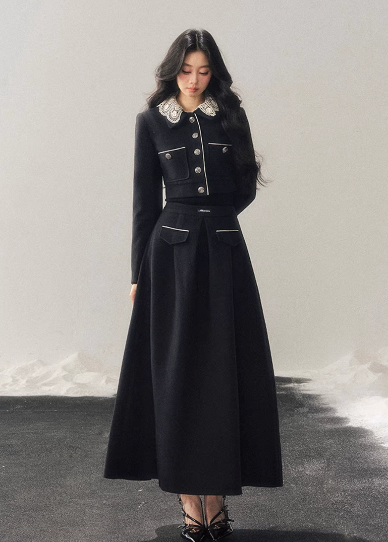 lace knit set women, french lace two piece set, winter skirt set women, korean minimal style set, elegant women outfit, refined knitwear women, lace trim top skirt, feminine winter set, premium women knit set, modern elegant outfit women, aomalm style set, classic black skirt set, understated luxury women clothing, winter two piece outfit, minimal chic women set