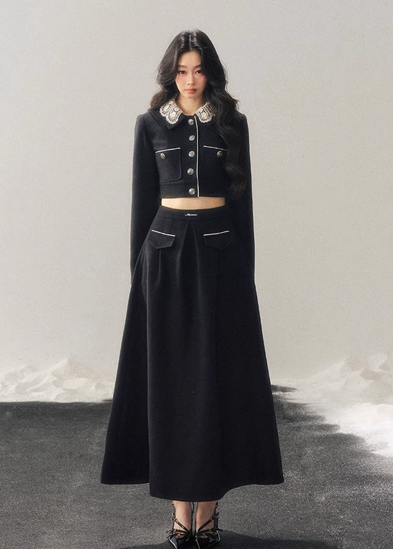 lace knit set women, french lace two piece set, winter skirt set women, korean minimal style set, elegant women outfit, refined knitwear women, lace trim top skirt, feminine winter set, premium women knit set, modern elegant outfit women, aomalm style set, classic black skirt set, understated luxury women clothing, winter two piece outfit, minimal chic women set
