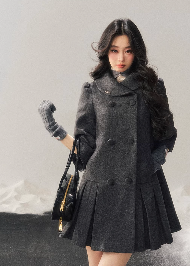 tweed wool coat women, mid length winter coat, gold button wool coat, korean minimal outerwear, refined women coat, elegant winter jacket women, structured wool coat, understated luxury coat, premium women outerwear, aomalm wool style, classic tweed coat women, feminine winter coat, modern wool mid coat, daily luxury outerwear, winter fashion women coat
