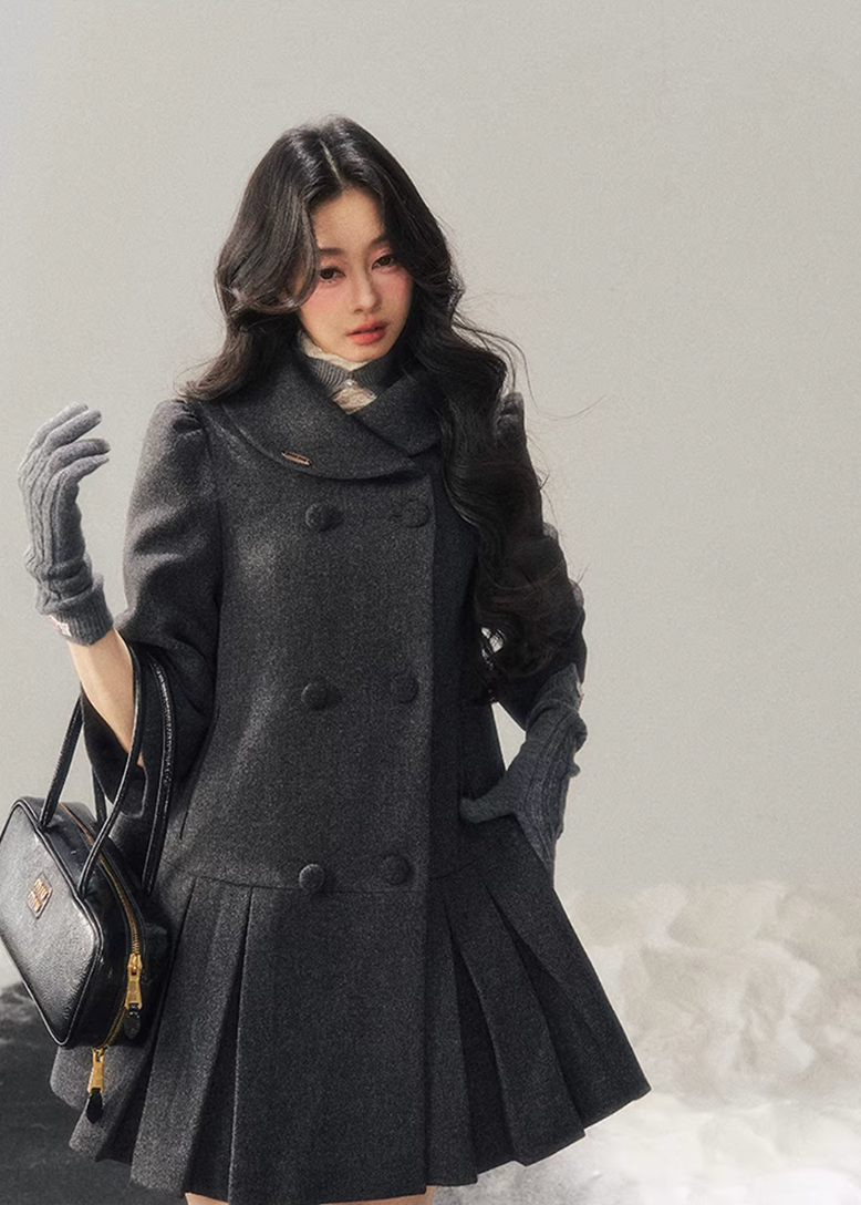 tweed wool coat women, mid length winter coat, gold button wool coat, korean minimal outerwear, refined women coat, elegant winter jacket women, structured wool coat, understated luxury coat, premium women outerwear, aomalm wool style, classic tweed coat women, feminine winter coat, modern wool mid coat, daily luxury outerwear, winter fashion women coat