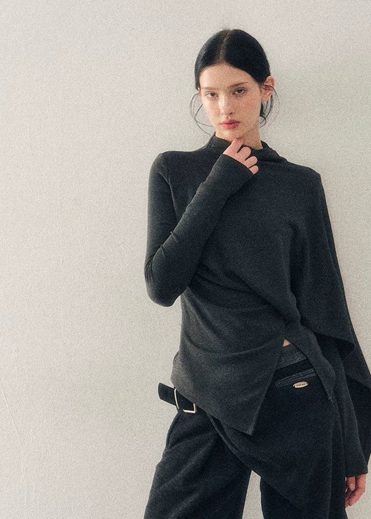 asymmetric long sleeve top women, irregular design t shirt, korean minimal top, draped waist top women, winter long sleeve tee, refined casual women top, minimalist fashion top, soft stretch t shirt women, modern women basics, elegant daily wear top, aomalm style top, understated luxury clothing, contemporary women t shirt, calm silhouette top, versatile layering tee
