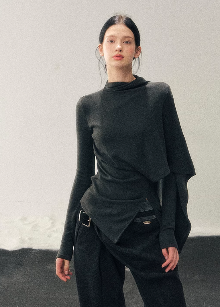 asymmetric long sleeve top women, irregular design t shirt, korean minimal top, draped waist top women, winter long sleeve tee, refined casual women top, minimalist fashion top, soft stretch t shirt women, modern women basics, elegant daily wear top, aomalm style top, understated luxury clothing, contemporary women t shirt, calm silhouette top, versatile layering tee