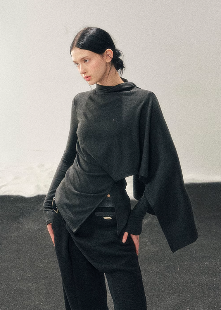asymmetric long sleeve top women, irregular design t shirt, korean minimal top, draped waist top women, winter long sleeve tee, refined casual women top, minimalist fashion top, soft stretch t shirt women, modern women basics, elegant daily wear top, aomalm style top, understated luxury clothing, contemporary women t shirt, calm silhouette top, versatile layering tee