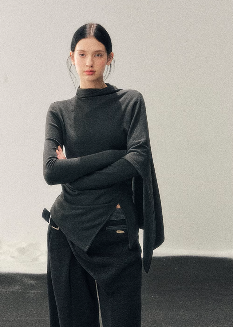 asymmetric long sleeve top women, irregular design t shirt, korean minimal top, draped waist top women, winter long sleeve tee, refined casual women top, minimalist fashion top, soft stretch t shirt women, modern women basics, elegant daily wear top, aomalm style top, understated luxury clothing, contemporary women t shirt, calm silhouette top, versatile layering tee