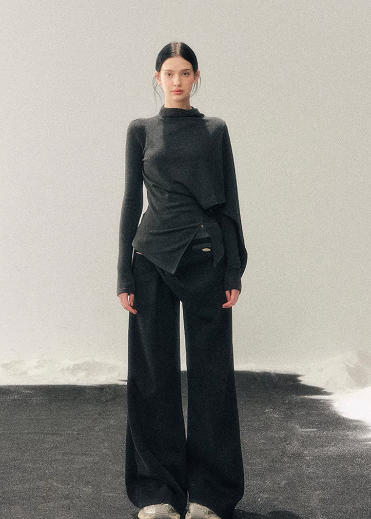 asymmetric long sleeve top women, irregular design t shirt, korean minimal top, draped waist top women, winter long sleeve tee, refined casual women top, minimalist fashion top, soft stretch t shirt women, modern women basics, elegant daily wear top, aomalm style top, understated luxury clothing, contemporary women t shirt, calm silhouette top, versatile layering tee