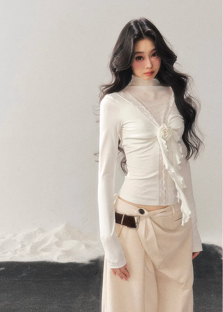 high neck lace top women, mesh base layer women, korean minimal inner top, sheer lace winter top, elegant layering top women, refined mesh long sleeve, lace underwear style top, minimalist women innerwear, soft stretch mesh top, feminine winter base layer, aomalm lace style, delicate lace mesh top, modern women basics, versatile inner top, understated luxury women clothing