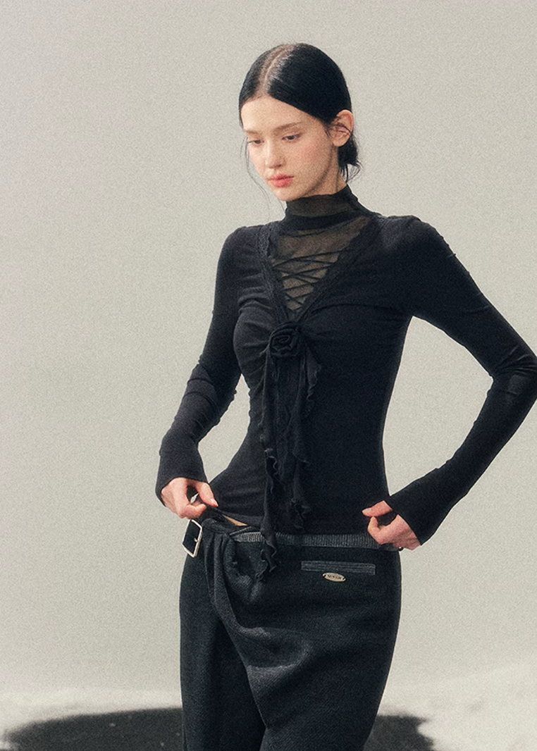 high neck lace top women, mesh base layer women, korean minimal inner top, sheer lace winter top, elegant layering top women, refined mesh long sleeve, lace underwear style top, minimalist women innerwear, soft stretch mesh top, feminine winter base layer, aomalm lace style, delicate lace mesh top, modern women basics, versatile inner top, understated luxury women clothing