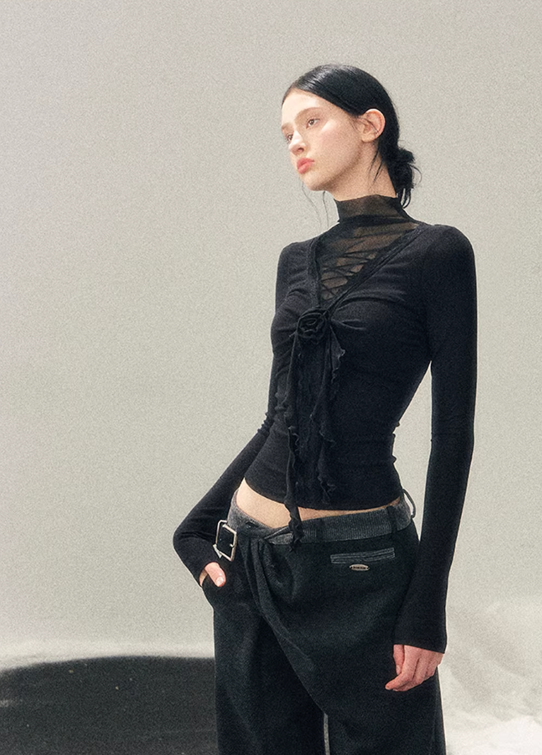 high neck lace top women, mesh base layer women, korean minimal inner top, sheer lace winter top, elegant layering top women, refined mesh long sleeve, lace underwear style top, minimalist women innerwear, soft stretch mesh top, feminine winter base layer, aomalm lace style, delicate lace mesh top, modern women basics, versatile inner top, understated luxury women clothing