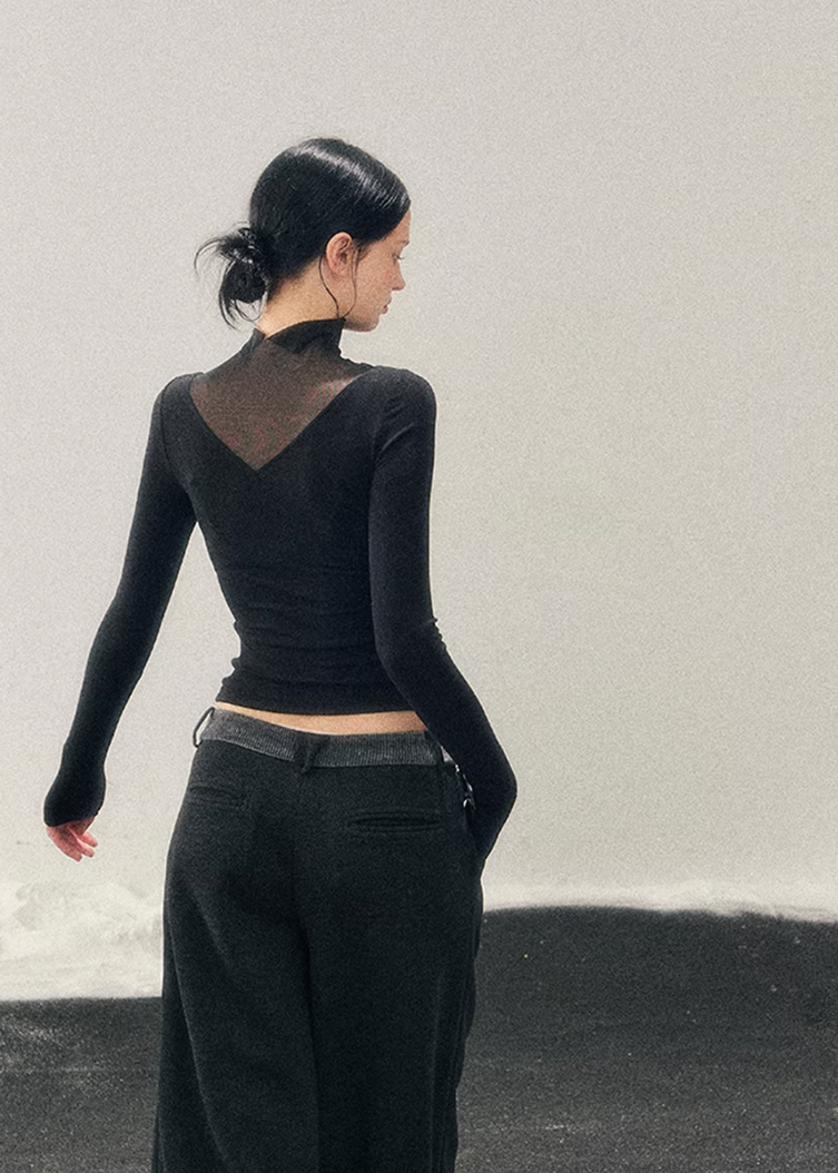 high neck lace top women, mesh base layer women, korean minimal inner top, sheer lace winter top, elegant layering top women, refined mesh long sleeve, lace underwear style top, minimalist women innerwear, soft stretch mesh top, feminine winter base layer, aomalm lace style, delicate lace mesh top, modern women basics, versatile inner top, understated luxury women clothing