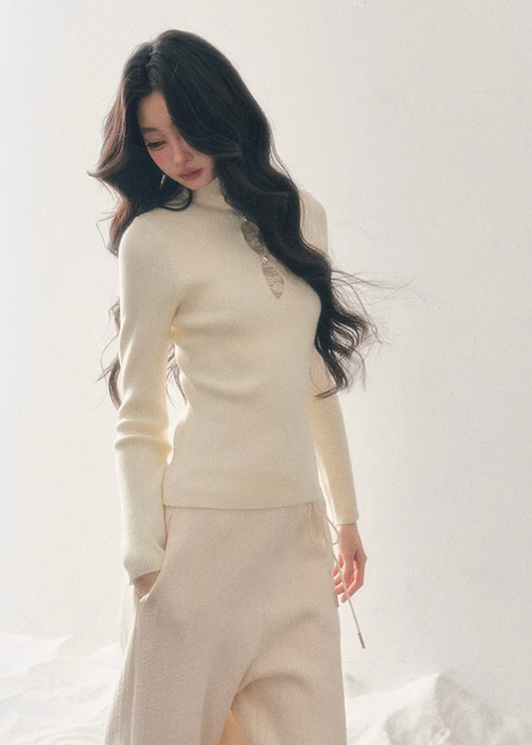 lace mock neck knit top, winter base layer women, faux layered knit top, korean minimal knitwear, elegant lace inner top, slim fit knit women, refined turtleneck top, soft winter knit top, feminine layering piece, premium women knit, aomalm knit style, understated luxury top, modern women basics, lace detail knit top, versatile winter inner top