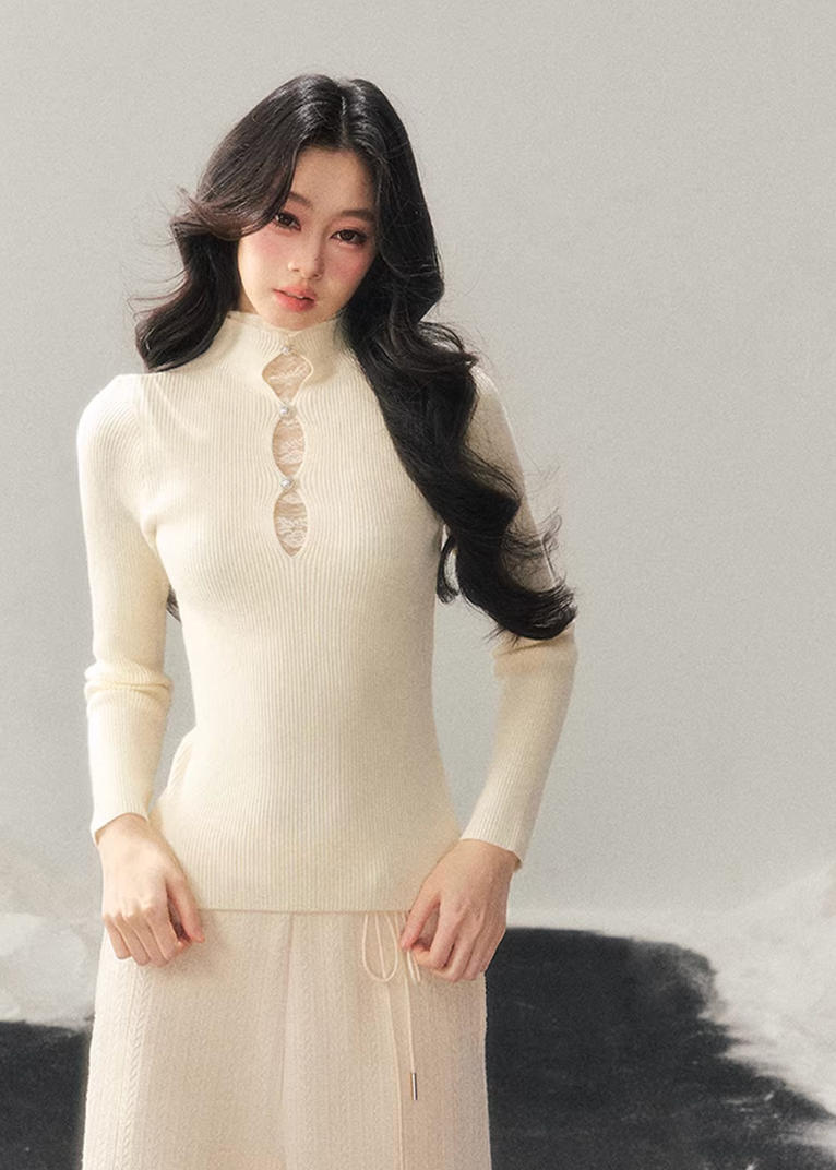 lace mock neck knit top, winter base layer women, faux layered knit top, korean minimal knitwear, elegant lace inner top, slim fit knit women, refined turtleneck top, soft winter knit top, feminine layering piece, premium women knit, aomalm knit style, understated luxury top, modern women basics, lace detail knit top, versatile winter inner top