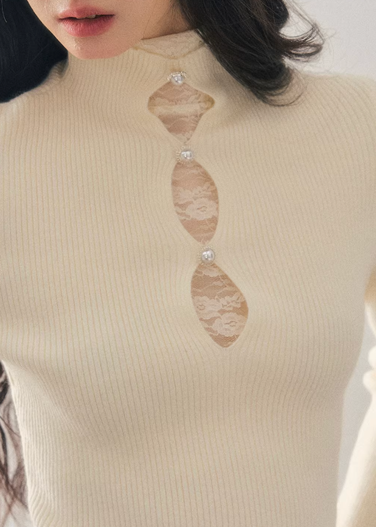 lace mock neck knit top, winter base layer women, faux layered knit top, korean minimal knitwear, elegant lace inner top, slim fit knit women, refined turtleneck top, soft winter knit top, feminine layering piece, premium women knit, aomalm knit style, understated luxury top, modern women basics, lace detail knit top, versatile winter inner top