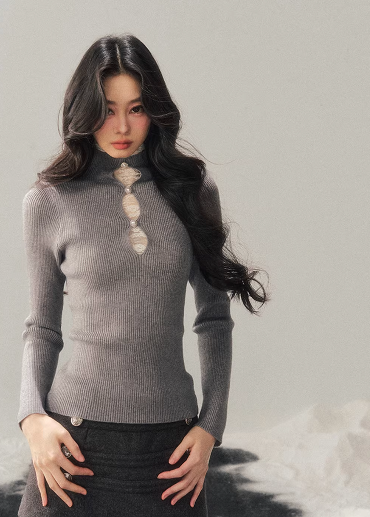 lace mock neck knit top, winter base layer women, faux layered knit top, korean minimal knitwear, elegant lace inner top, slim fit knit women, refined turtleneck top, soft winter knit top, feminine layering piece, premium women knit, aomalm knit style, understated luxury top, modern women basics, lace detail knit top, versatile winter inner top