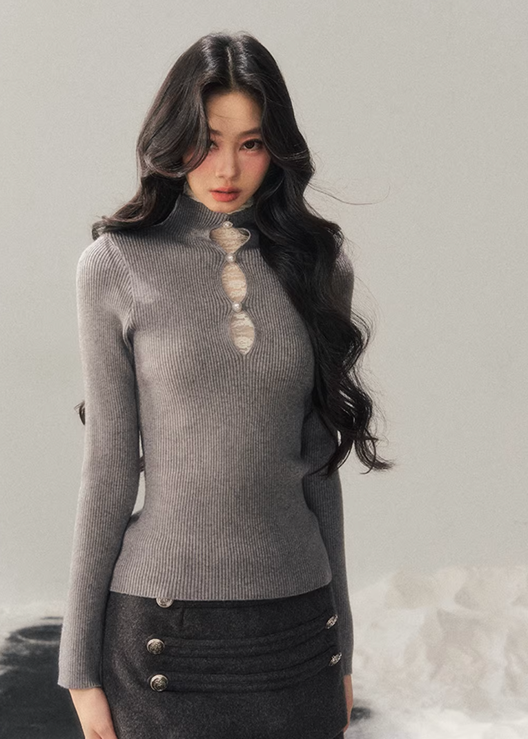lace mock neck knit top, winter base layer women, faux layered knit top, korean minimal knitwear, elegant lace inner top, slim fit knit women, refined turtleneck top, soft winter knit top, feminine layering piece, premium women knit, aomalm knit style, understated luxury top, modern women basics, lace detail knit top, versatile winter inner top
