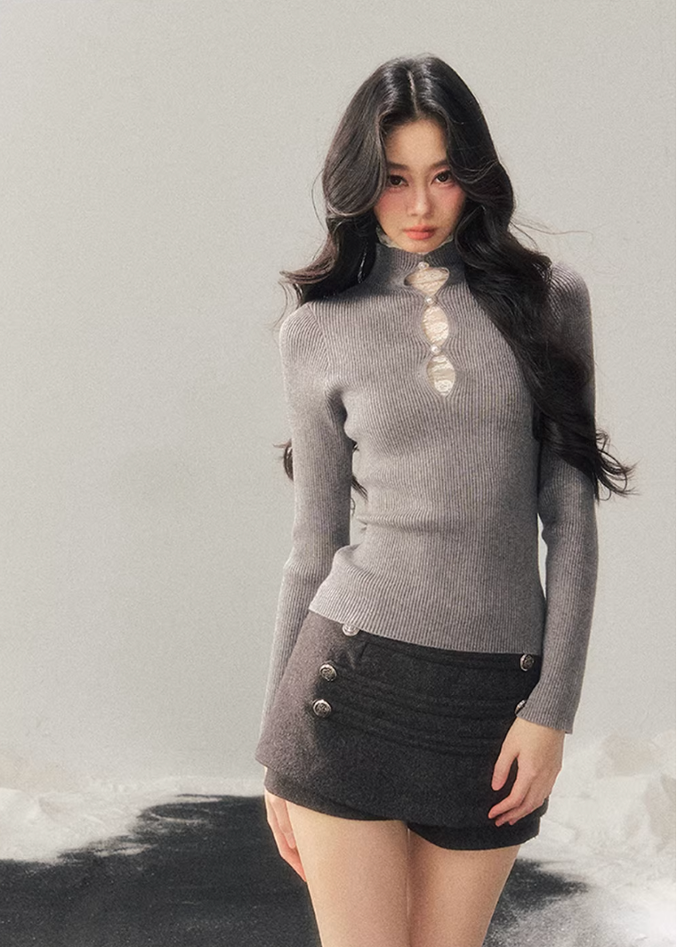 lace mock neck knit top, winter base layer women, faux layered knit top, korean minimal knitwear, elegant lace inner top, slim fit knit women, refined turtleneck top, soft winter knit top, feminine layering piece, premium women knit, aomalm knit style, understated luxury top, modern women basics, lace detail knit top, versatile winter inner top