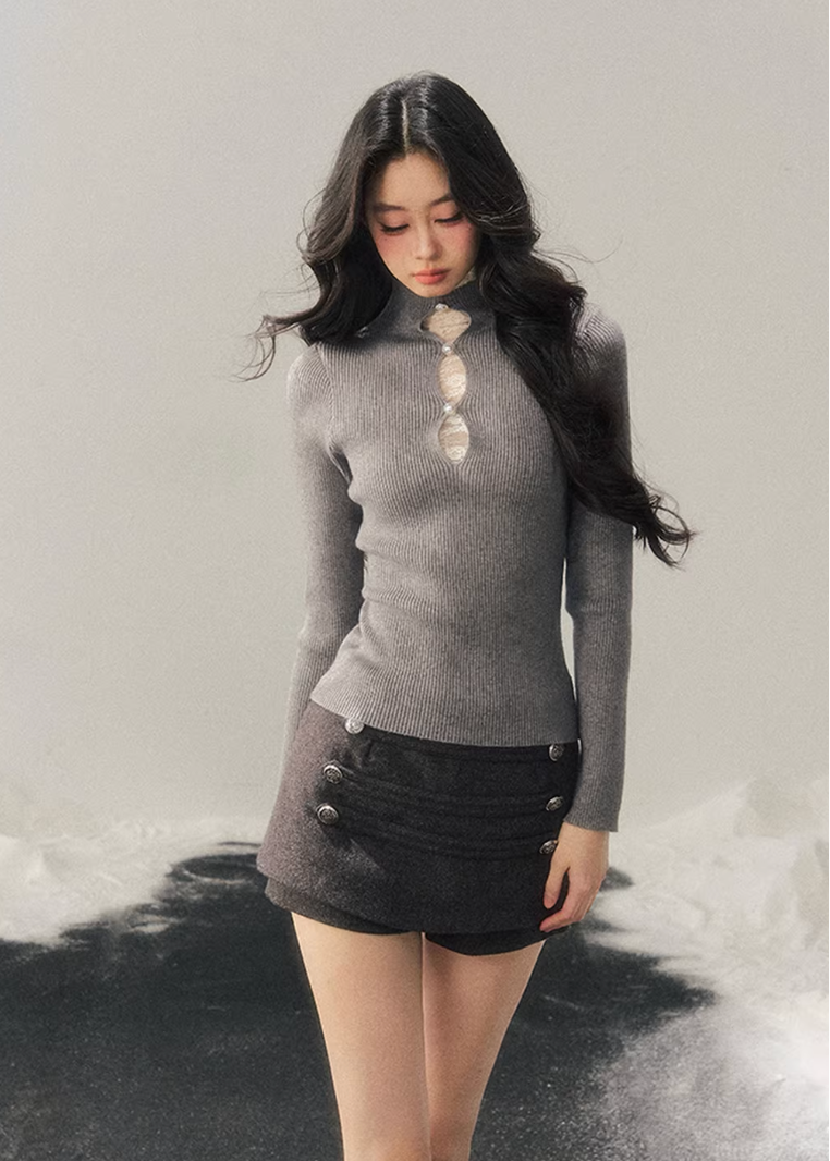 lace mock neck knit top, winter base layer women, faux layered knit top, korean minimal knitwear, elegant lace inner top, slim fit knit women, refined turtleneck top, soft winter knit top, feminine layering piece, premium women knit, aomalm knit style, understated luxury top, modern women basics, lace detail knit top, versatile winter inner top