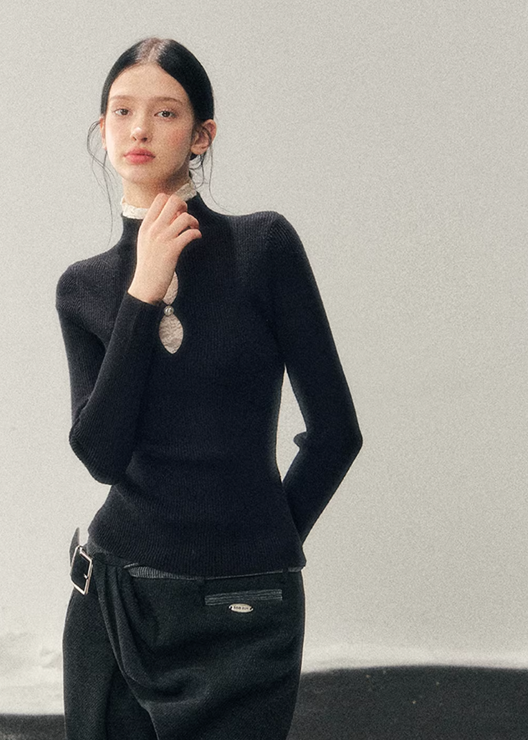 lace mock neck knit top, winter base layer women, faux layered knit top, korean minimal knitwear, elegant lace inner top, slim fit knit women, refined turtleneck top, soft winter knit top, feminine layering piece, premium women knit, aomalm knit style, understated luxury top, modern women basics, lace detail knit top, versatile winter inner top