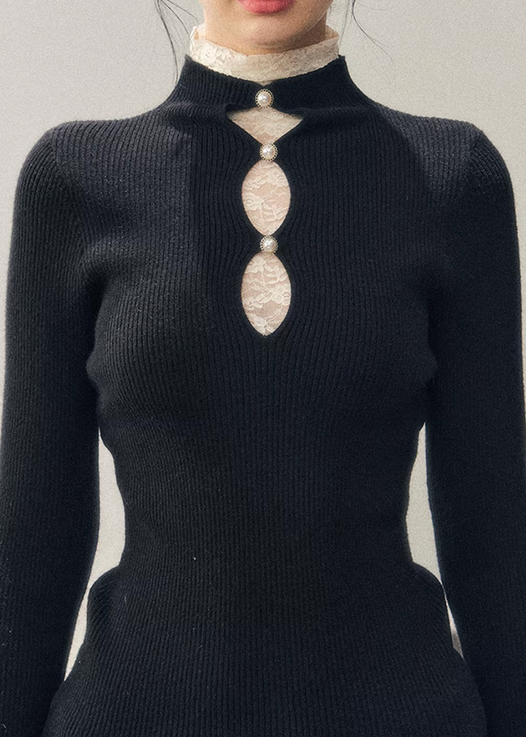 lace mock neck knit top, winter base layer women, faux layered knit top, korean minimal knitwear, elegant lace inner top, slim fit knit women, refined turtleneck top, soft winter knit top, feminine layering piece, premium women knit, aomalm knit style, understated luxury top, modern women basics, lace detail knit top, versatile winter inner top