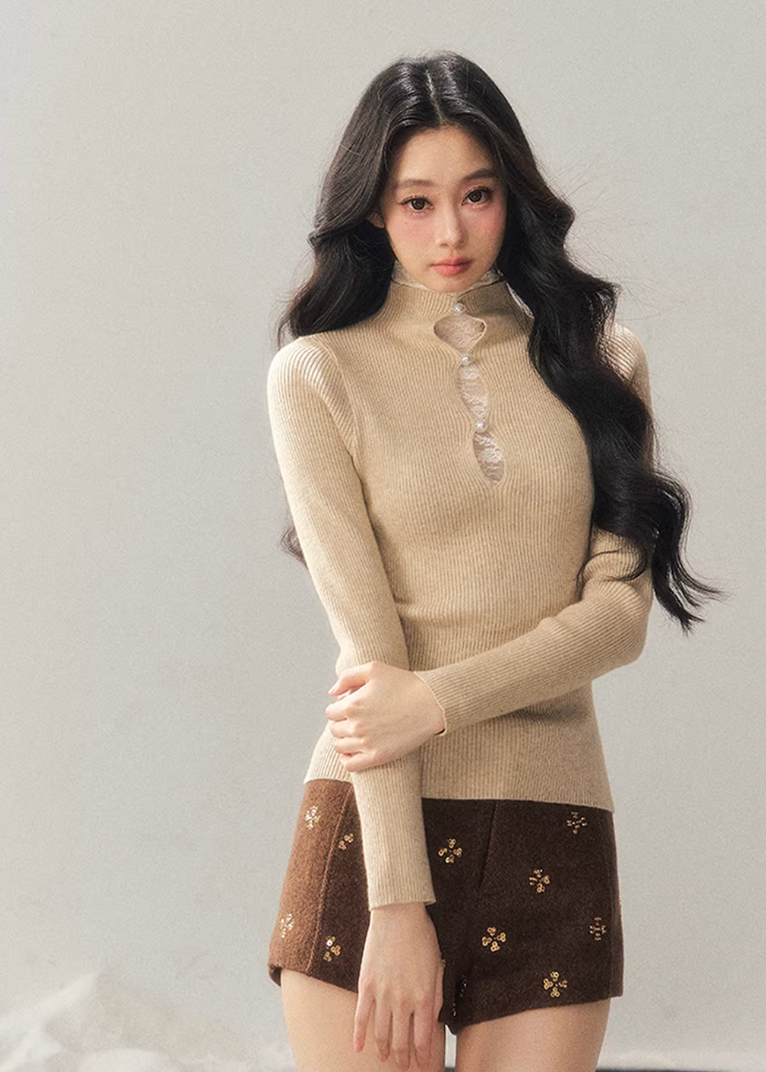 lace mock neck knit top, winter base layer women, faux layered knit top, korean minimal knitwear, elegant lace inner top, slim fit knit women, refined turtleneck top, soft winter knit top, feminine layering piece, premium women knit, aomalm knit style, understated luxury top, modern women basics, lace detail knit top, versatile winter inner top