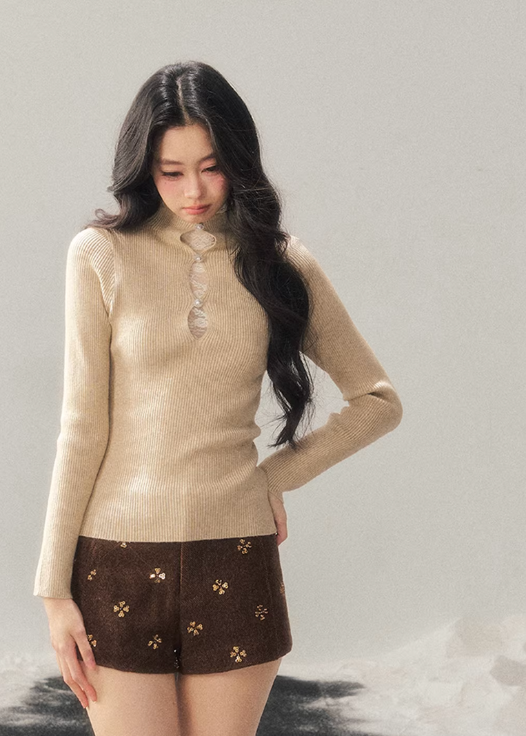 lace mock neck knit top, winter base layer women, faux layered knit top, korean minimal knitwear, elegant lace inner top, slim fit knit women, refined turtleneck top, soft winter knit top, feminine layering piece, premium women knit, aomalm knit style, understated luxury top, modern women basics, lace detail knit top, versatile winter inner top