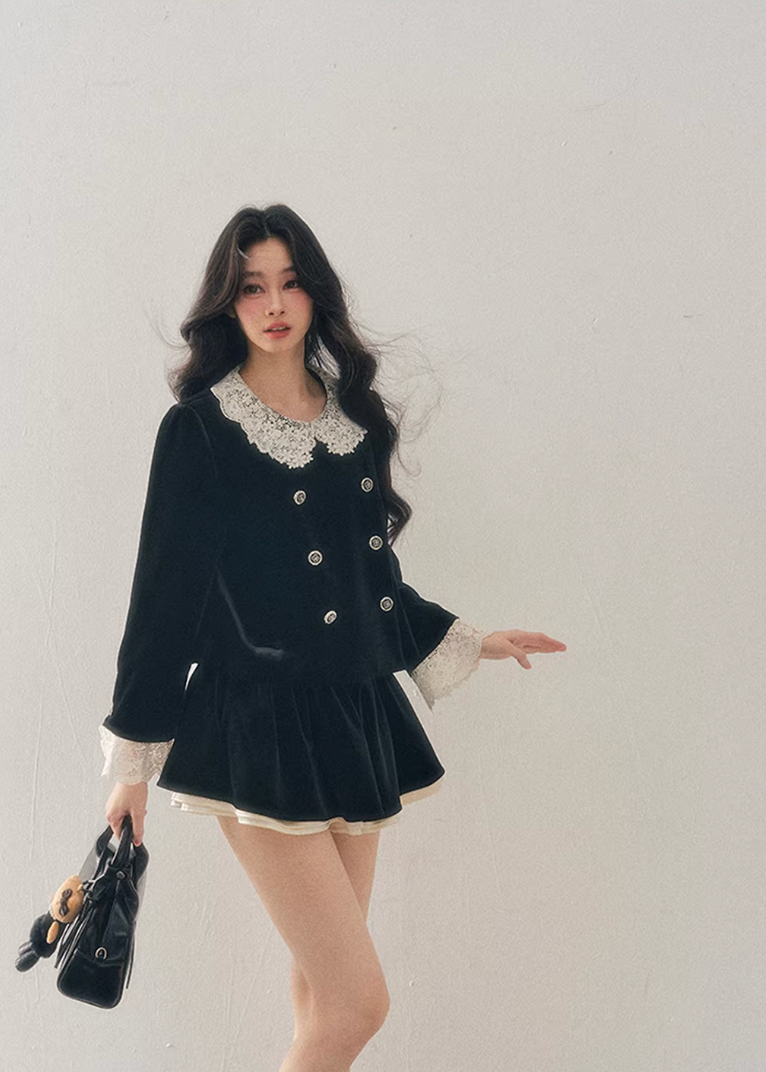 velvet two piece set women, lace collar velvet outfit, winter velvet set women, korean minimal style set, elegant women ensemble, doll collar velvet top, refined winter outfit women, feminine velvet suit, premium women clothing, aomalm velvet style, classic lace trim set, understated luxury women wear, winter skirt set women, modern elegant two piece, soft velvet outfit
