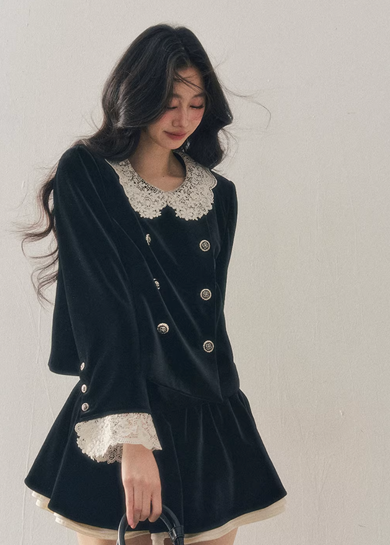 velvet two piece set women, lace collar velvet outfit, winter velvet set women, korean minimal style set, elegant women ensemble, doll collar velvet top, refined winter outfit women, feminine velvet suit, premium women clothing, aomalm velvet style, classic lace trim set, understated luxury women wear, winter skirt set women, modern elegant two piece, soft velvet outfit
