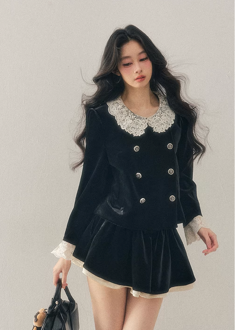 velvet two piece set women, lace collar velvet outfit, winter velvet set women, korean minimal style set, elegant women ensemble, doll collar velvet top, refined winter outfit women, feminine velvet suit, premium women clothing, aomalm velvet style, classic lace trim set, understated luxury women wear, winter skirt set women, modern elegant two piece, soft velvet outfit
