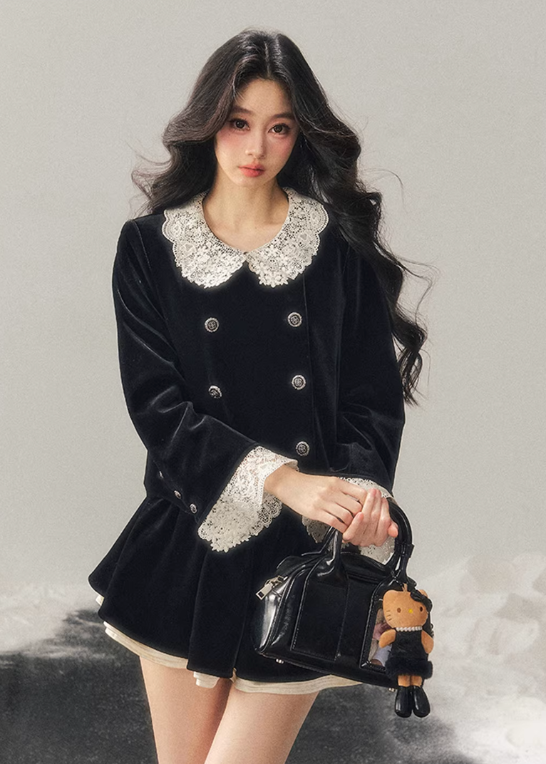 velvet two piece set women, lace collar velvet outfit, winter velvet set women, korean minimal style set, elegant women ensemble, doll collar velvet top, refined winter outfit women, feminine velvet suit, premium women clothing, aomalm velvet style, classic lace trim set, understated luxury women wear, winter skirt set women, modern elegant two piece, soft velvet outfit