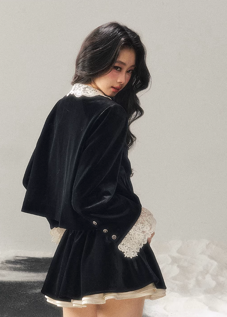 velvet two piece set women, lace collar velvet outfit, winter velvet set women, korean minimal style set, elegant women ensemble, doll collar velvet top, refined winter outfit women, feminine velvet suit, premium women clothing, aomalm velvet style, classic lace trim set, understated luxury women wear, winter skirt set women, modern elegant two piece, soft velvet outfit