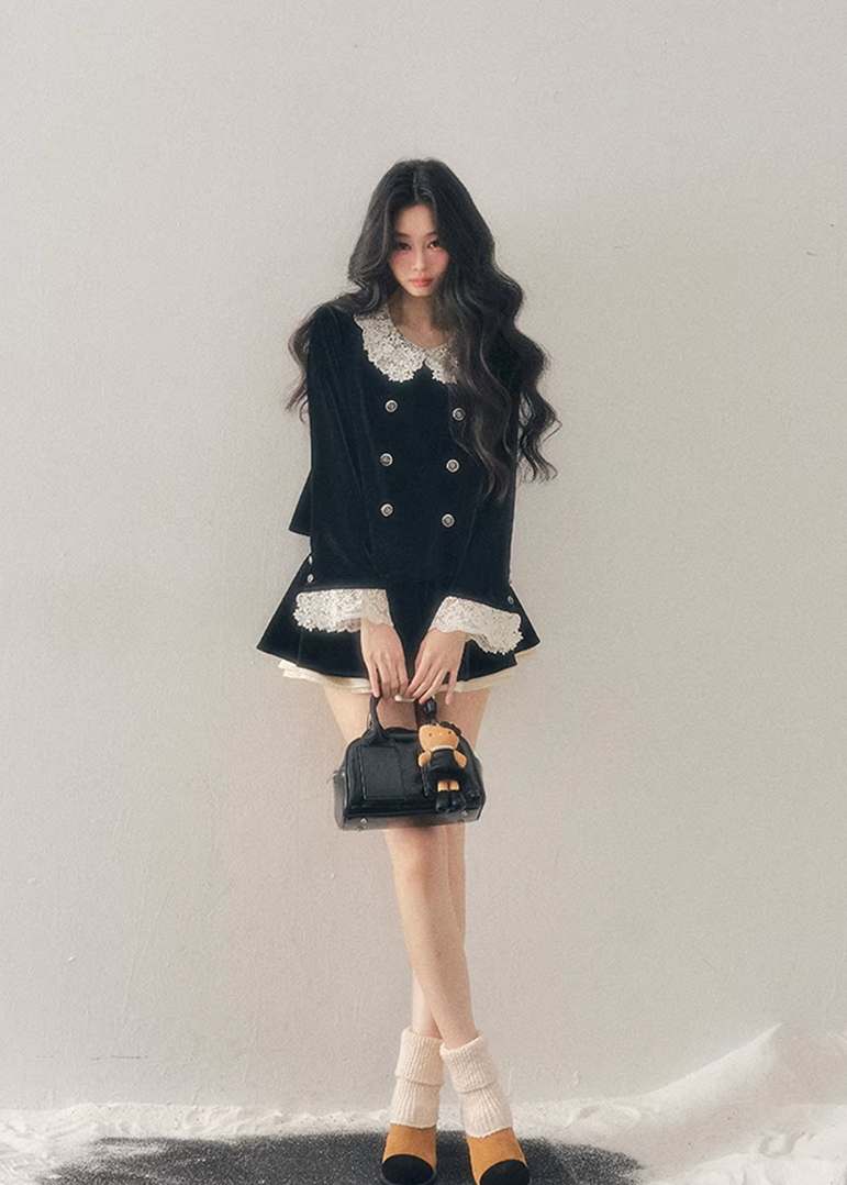 velvet two piece set women, lace collar velvet outfit, winter velvet set women, korean minimal style set, elegant women ensemble, doll collar velvet top, refined winter outfit women, feminine velvet suit, premium women clothing, aomalm velvet style, classic lace trim set, understated luxury women wear, winter skirt set women, modern elegant two piece, soft velvet outfit