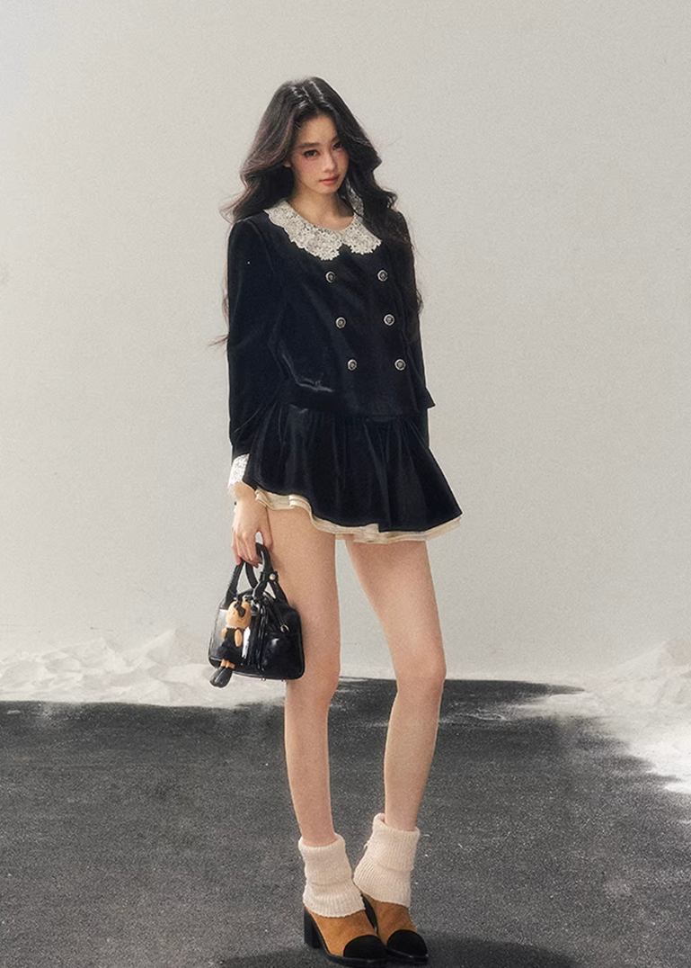 velvet two piece set women, lace collar velvet outfit, winter velvet set women, korean minimal style set, elegant women ensemble, doll collar velvet top, refined winter outfit women, feminine velvet suit, premium women clothing, aomalm velvet style, classic lace trim set, understated luxury women wear, winter skirt set women, modern elegant two piece, soft velvet outfit
