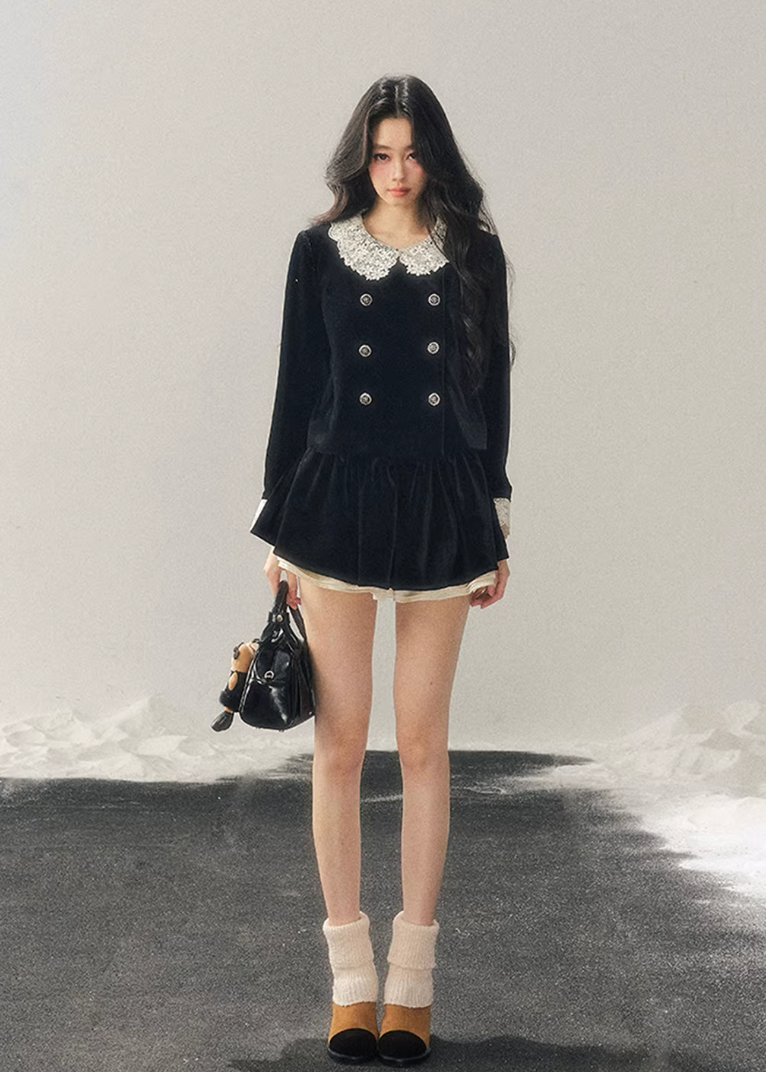 velvet two piece set women, lace collar velvet outfit, winter velvet set women, korean minimal style set, elegant women ensemble, doll collar velvet top, refined winter outfit women, feminine velvet suit, premium women clothing, aomalm velvet style, classic lace trim set, understated luxury women wear, winter skirt set women, modern elegant two piece, soft velvet outfit