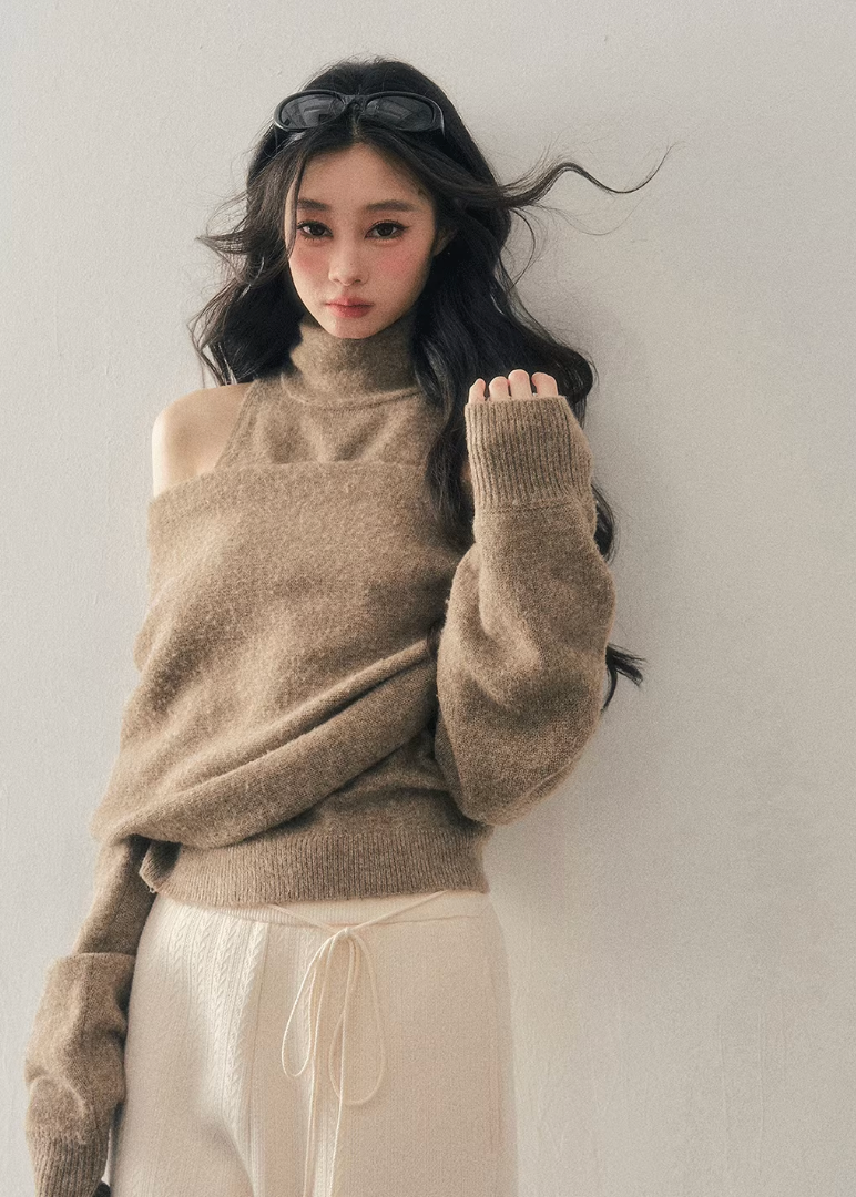 off shoulder knit sweater women, high neck knit top, winter knit two piece set, korean minimal sweater, relaxed fit knit women, soft texture knit top, elegant casual winter wear, feminine winter sweater, premium women knitwear, aomalm knit style, cozy winter top women, versatile knit set, understated luxury sweater, modern women knit top, calm style winter clothing