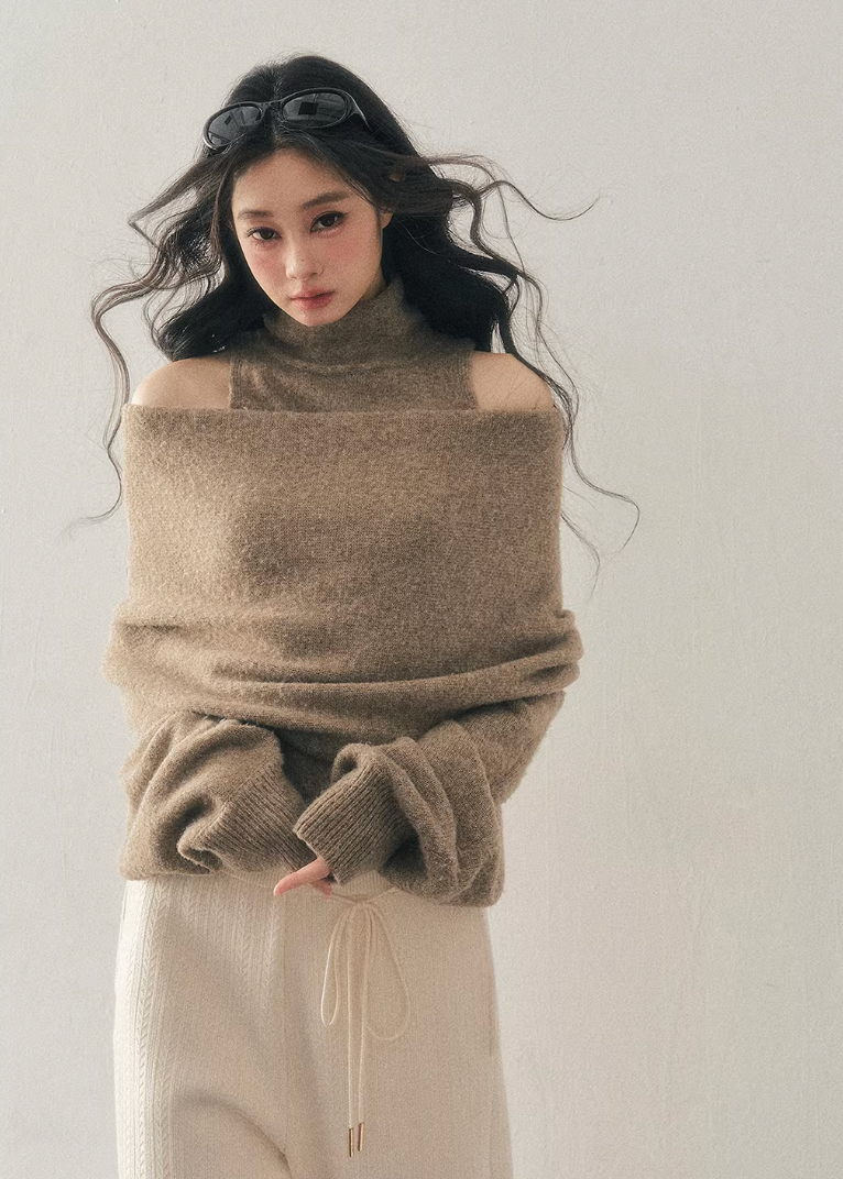 off shoulder knit sweater women, high neck knit top, winter knit two piece set, korean minimal sweater, relaxed fit knit women, soft texture knit top, elegant casual winter wear, feminine winter sweater, premium women knitwear, aomalm knit style, cozy winter top women, versatile knit set, understated luxury sweater, modern women knit top, calm style winter clothing