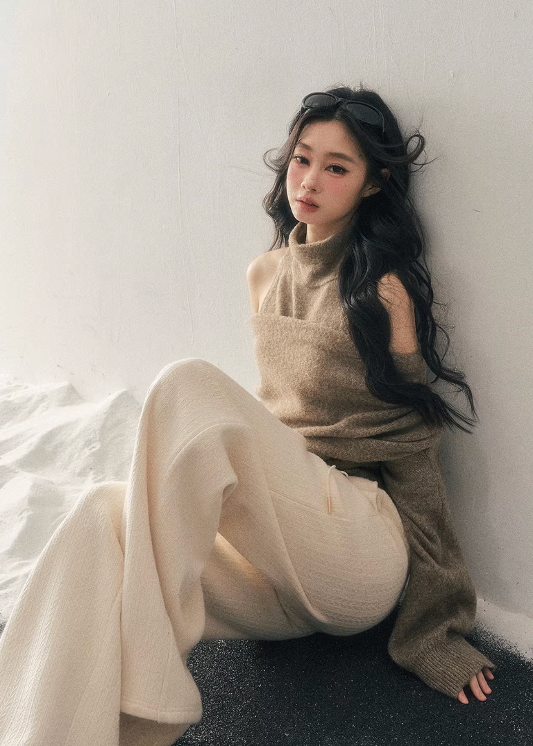off shoulder knit sweater women, high neck knit top, winter knit two piece set, korean minimal sweater, relaxed fit knit women, soft texture knit top, elegant casual winter wear, feminine winter sweater, premium women knitwear, aomalm knit style, cozy winter top women, versatile knit set, understated luxury sweater, modern women knit top, calm style winter clothing