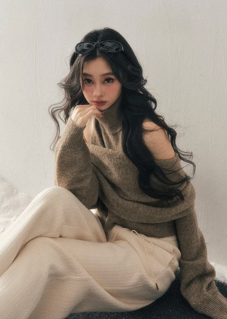 off shoulder knit sweater women, high neck knit top, winter knit two piece set, korean minimal sweater, relaxed fit knit women, soft texture knit top, elegant casual winter wear, feminine winter sweater, premium women knitwear, aomalm knit style, cozy winter top women, versatile knit set, understated luxury sweater, modern women knit top, calm style winter clothing