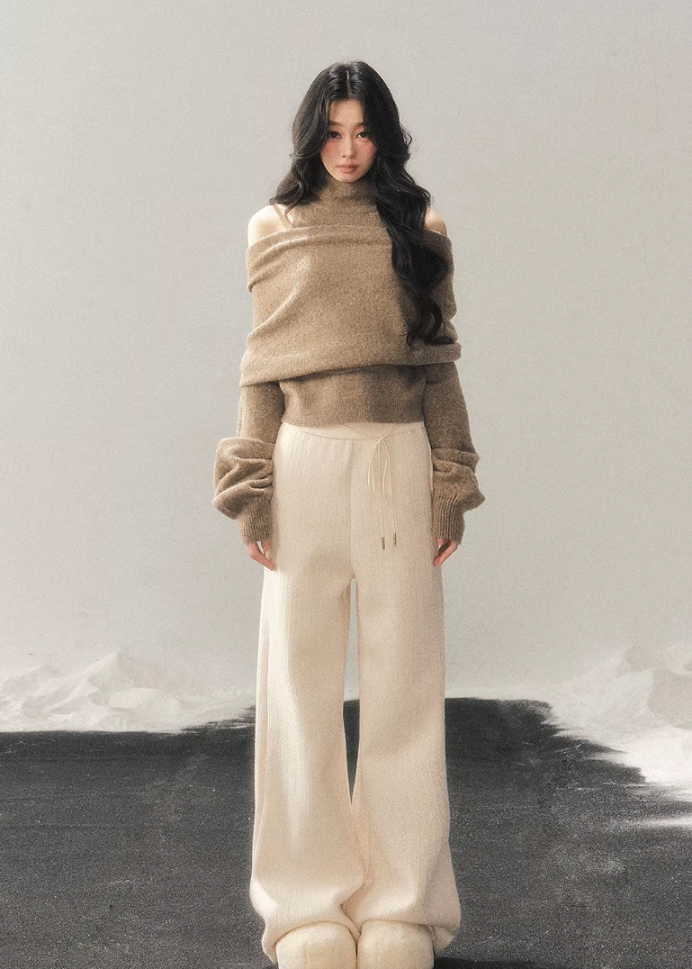 off shoulder knit sweater women, high neck knit top, winter knit two piece set, korean minimal sweater, relaxed fit knit women, soft texture knit top, elegant casual winter wear, feminine winter sweater, premium women knitwear, aomalm knit style, cozy winter top women, versatile knit set, understated luxury sweater, modern women knit top, calm style winter clothing