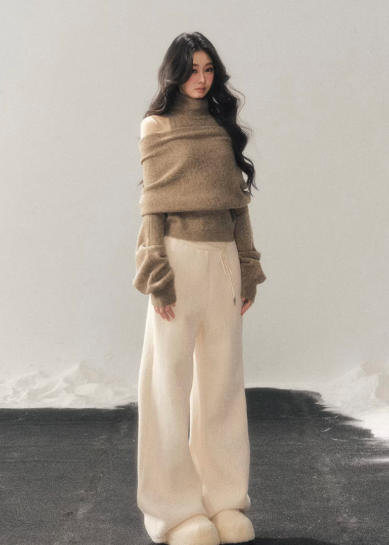 off shoulder knit sweater women, high neck knit top, winter knit two piece set, korean minimal sweater, relaxed fit knit women, soft texture knit top, elegant casual winter wear, feminine winter sweater, premium women knitwear, aomalm knit style, cozy winter top women, versatile knit set, understated luxury sweater, modern women knit top, calm style winter clothing