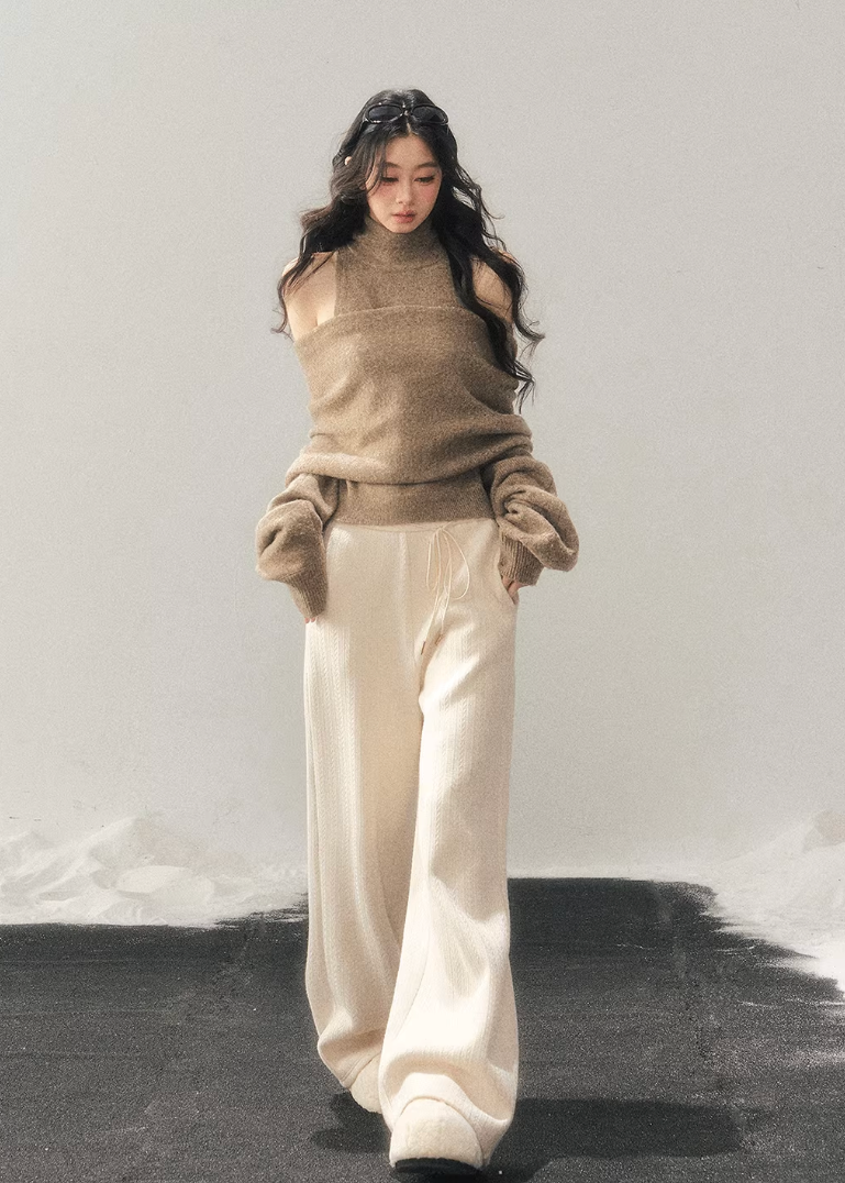 off shoulder knit sweater women, high neck knit top, winter knit two piece set, korean minimal sweater, relaxed fit knit women, soft texture knit top, elegant casual winter wear, feminine winter sweater, premium women knitwear, aomalm knit style, cozy winter top women, versatile knit set, understated luxury sweater, modern women knit top, calm style winter clothing