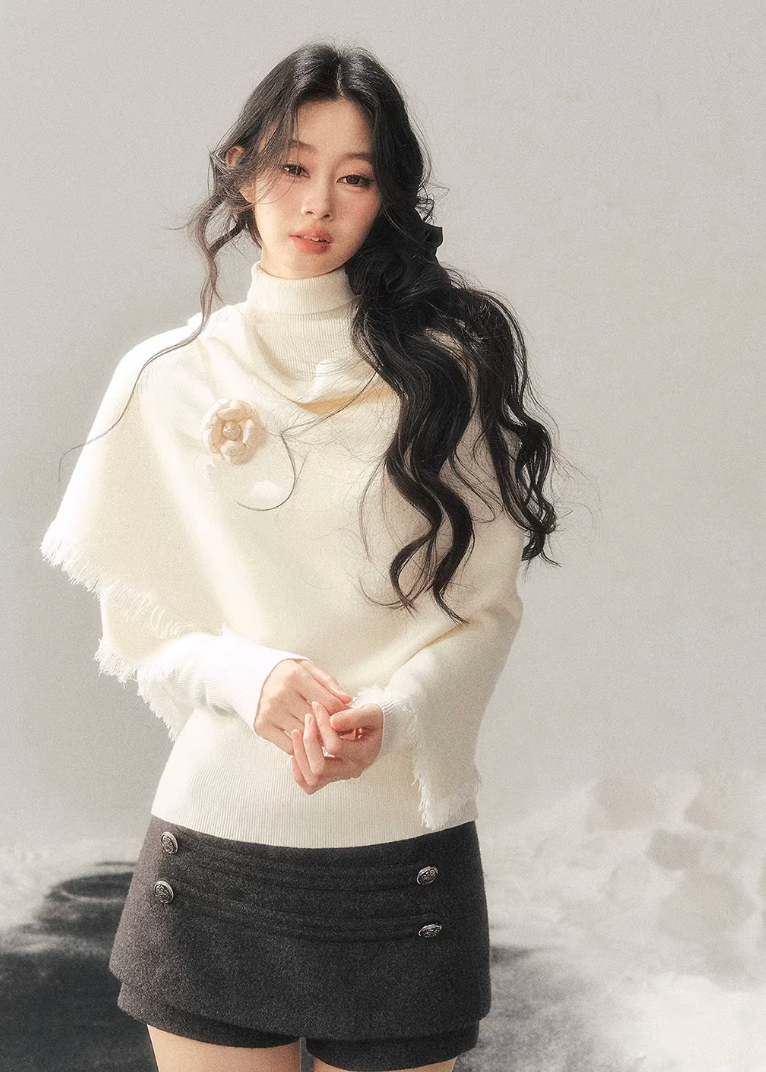 turtleneck shawl knit women, winter knit two piece set, french style knit top, korean minimal knitwear, refined women sweater set, elegant winter layering top, soft shawl sweater women, premium knit set women, feminine winter knit, aomalm knit style, understated luxury sweater, modern women knitwear, versatile winter top women, calm style knit top, minimal winter sweater set