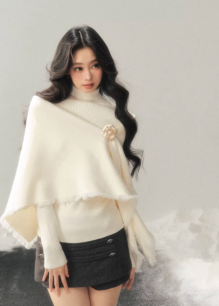 turtleneck shawl knit women, winter knit two piece set, french style knit top, korean minimal knitwear, refined women sweater set, elegant winter layering top, soft shawl sweater women, premium knit set women, feminine winter knit, aomalm knit style, understated luxury sweater, modern women knitwear, versatile winter top women, calm style knit top, minimal winter sweater set