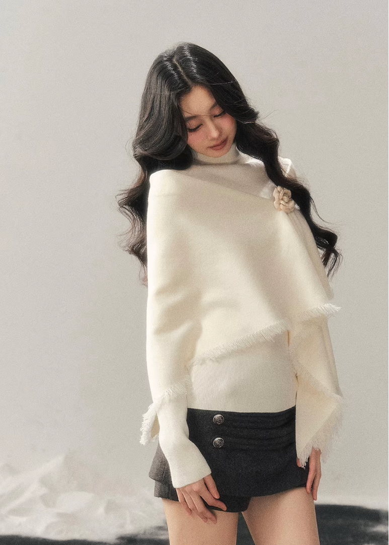turtleneck shawl knit women, winter knit two piece set, french style knit top, korean minimal knitwear, refined women sweater set, elegant winter layering top, soft shawl sweater women, premium knit set women, feminine winter knit, aomalm knit style, understated luxury sweater, modern women knitwear, versatile winter top women, calm style knit top, minimal winter sweater set