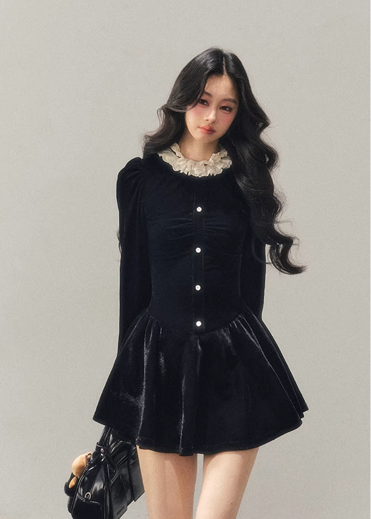 french lace mini dress, winter puff skirt dress, lace trim dress women, korean minimal dress, elegant winter mini dress, refined women dress, frill collar dress, feminine winter outfit, premium women dress, aomalm dress style, understated luxury clothing, modern french style dress, winter fashion women dress, structured mini dress, calm elegant dress